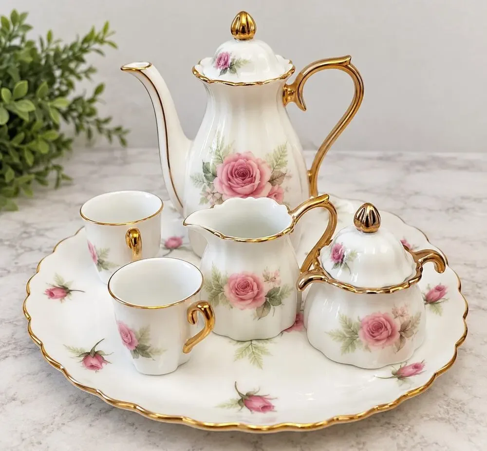 Victorian 10 Piece Porcelain Pink Rose Mini Tea Set With Gold Trim Dollhouse